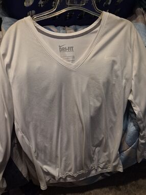 Nike White V-Neck Dri-FIT Long Sleeve Performance Top
